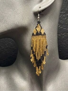 Vintage Beaded Dangling Earrings Black And Gold